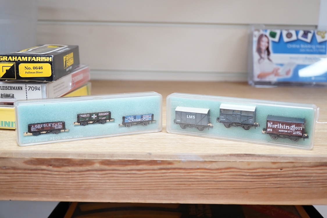 Twenty-eight boxed N gauge railway by Graham Farish, Minitrix, Fleischmann, etc. including four locomotives; an LNER class A3, Flying Scotsman (12950), a BR 0-6-0T, 47160 (N.201), a German DB 0-10-0T, 94 1730, (7094), an